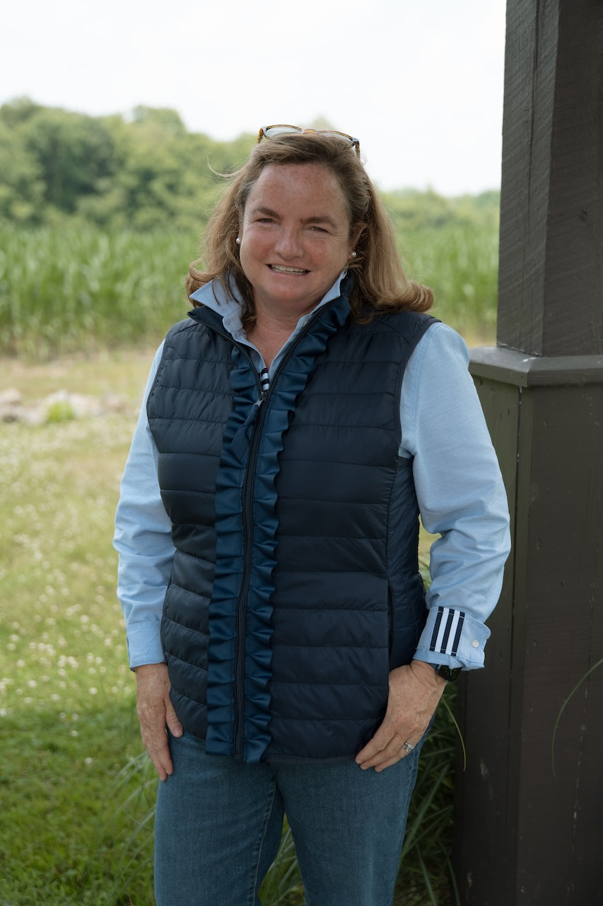 Maggie May Ruffled Ribbon Puffer Vest Navy w Navy (PF15) – Pearly Vine