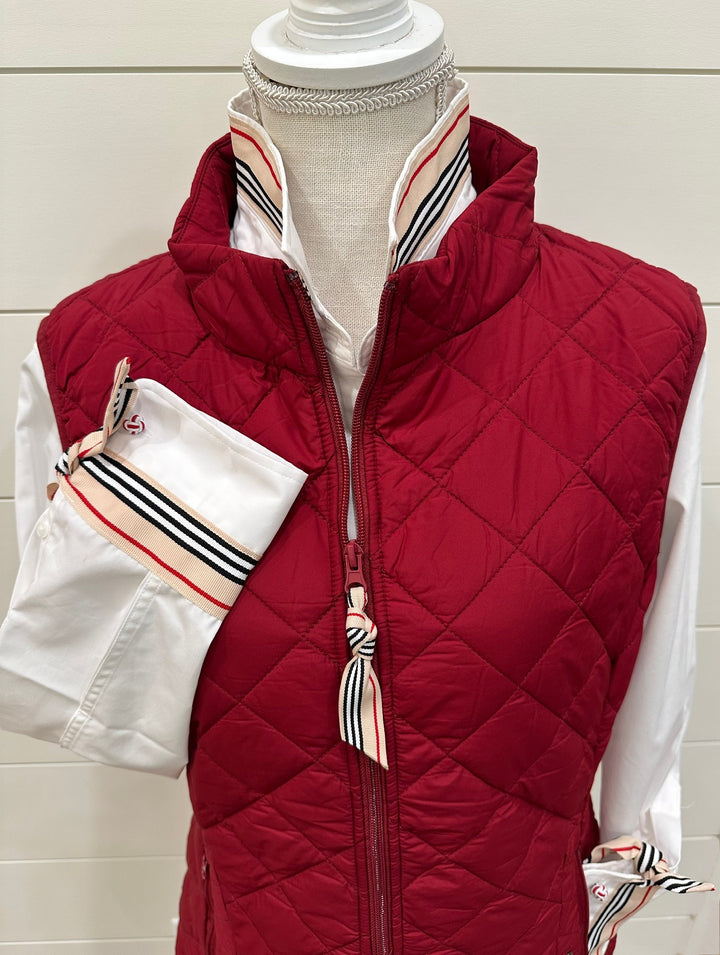 Maggie May Quilted Vest - Burnt Red w Khaki, Black & Red Stripe Ribbon (MMQ01)