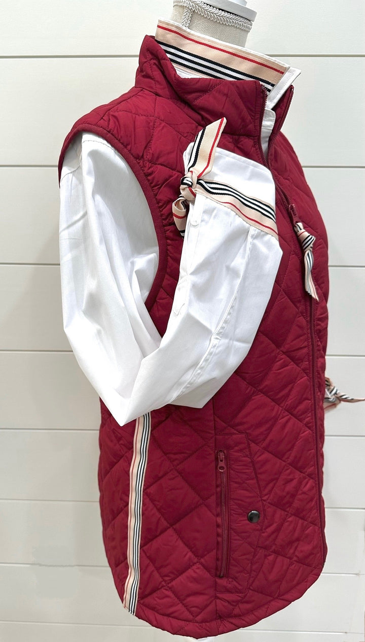 Maggie May Quilted Vest - Burnt Red w Khaki, Black & Red Stripe Ribbon (MMQ01)