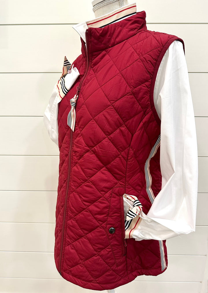 Maggie May Quilted Vest - Burnt Red w Khaki, Black & Red Stripe Ribbon (MMQ01)