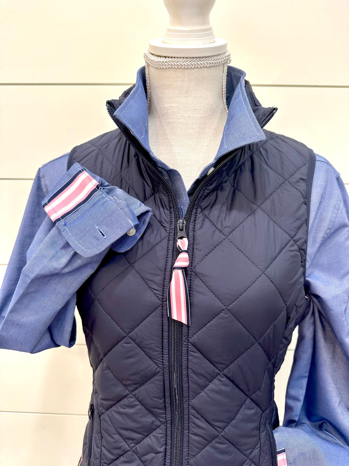 Maggie May Quilted Vest - Navy w Navy & Pink Stripe Ribbon (MMQ06)
