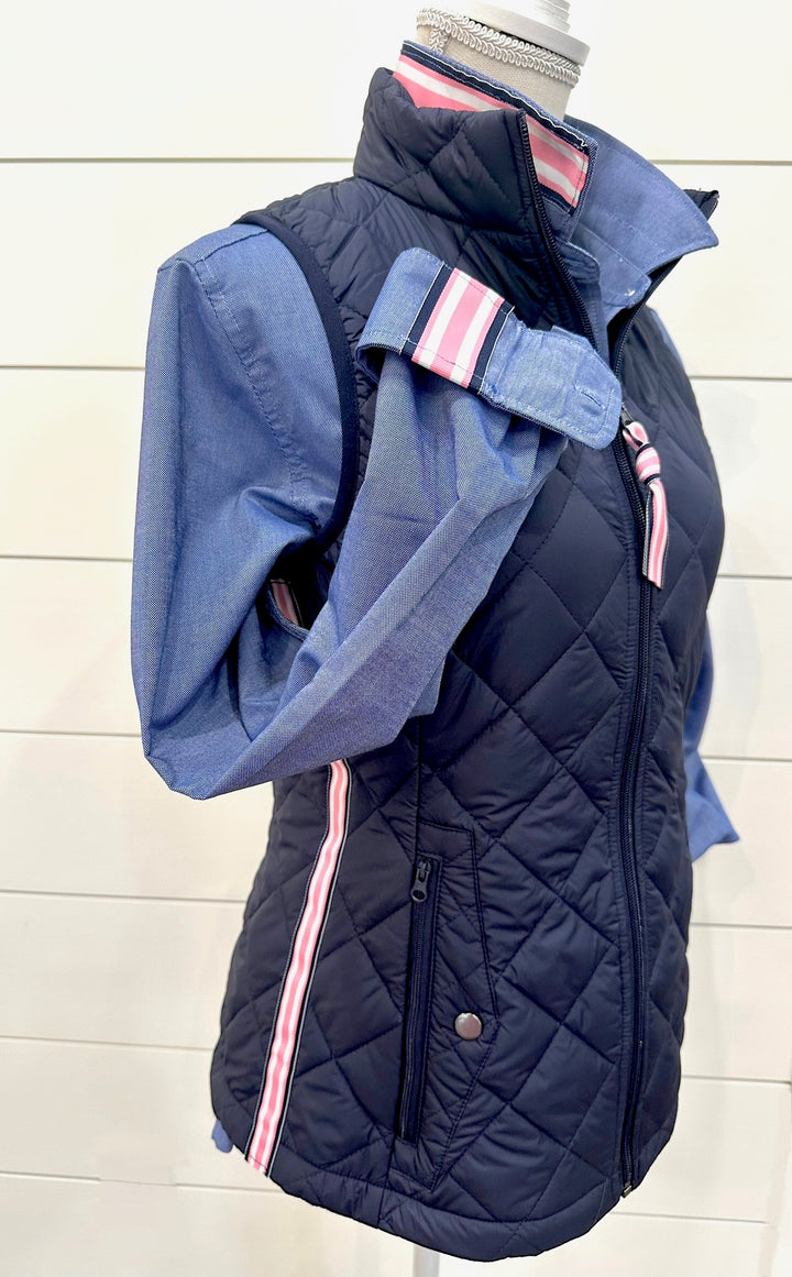 Maggie May Quilted Vest - Navy w Navy & Pink Stripe Ribbon (MMQ06)