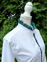Kate Ruffled Ribbon Collar - White w Green & Blue Plaid Ribbon (KT06)