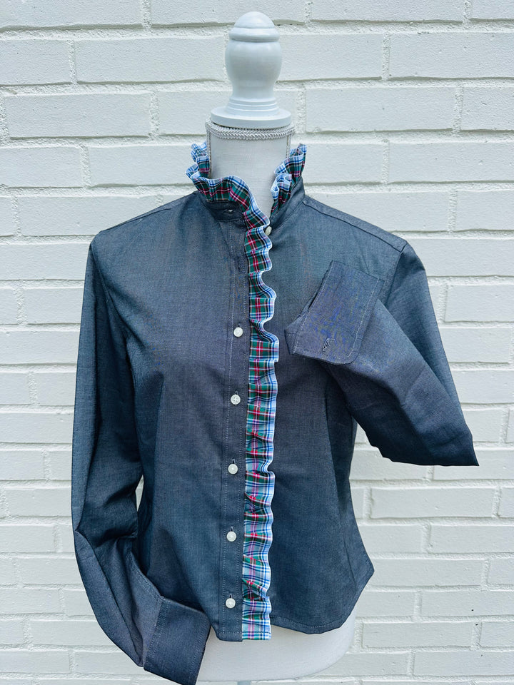 Sophia Holiday Ribbon Untucked Oxford - Black w White Plaid Ribbon (SPH03)