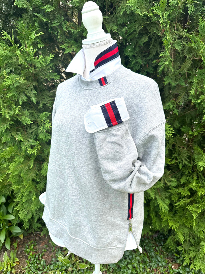 Danny Crew Neck Sweatshirt - Grey w Navy & Red Stripe Ribbon (Danny11)