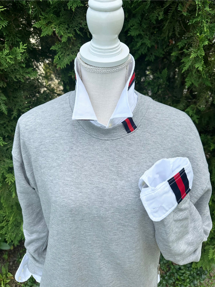 Danny Crew Neck Sweatshirt - Grey w Navy & Red Stripe Ribbon (Danny11)