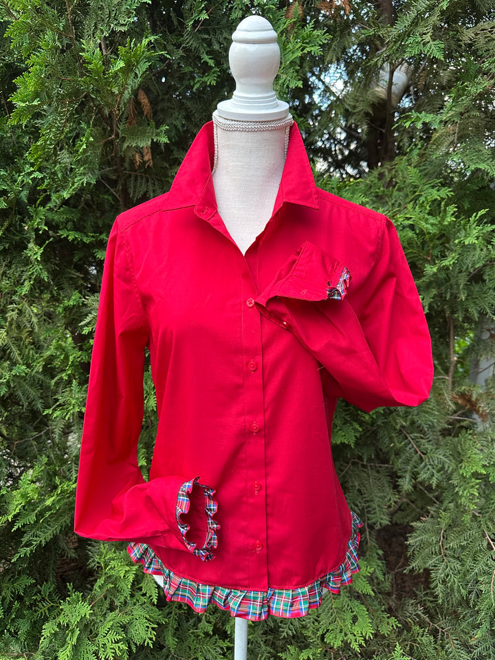 Blanche Holiday Untucked Blouse - Red w Red Plaid Ribbon (BL04)