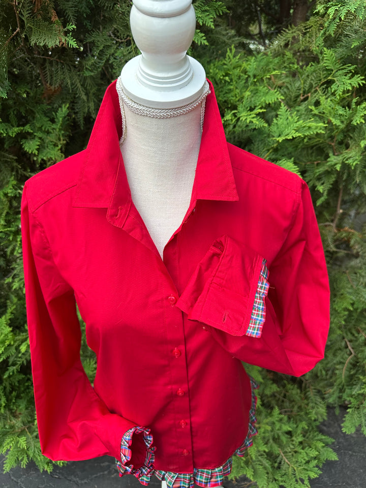 Blanche Holiday Untucked Blouse - Red w Red Plaid Ribbon (BL04)