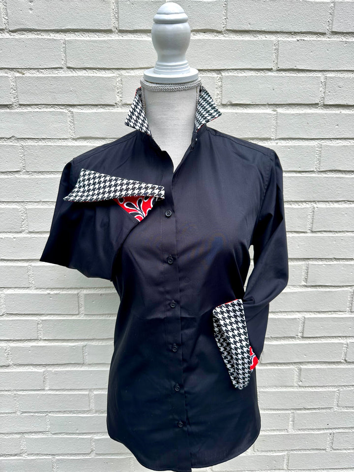 Elizabeth 3/4 Sleeve  - Black w Houndstooth & Red Floral (3427)