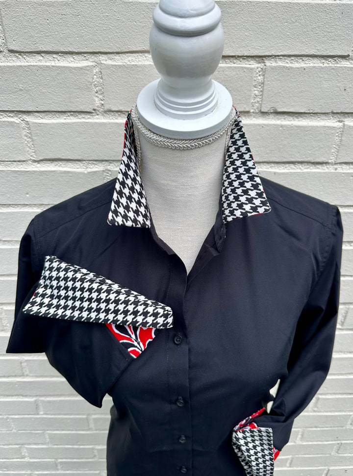 Elizabeth 3/4 Sleeve  - Black w Houndstooth & Red Floral (3427)