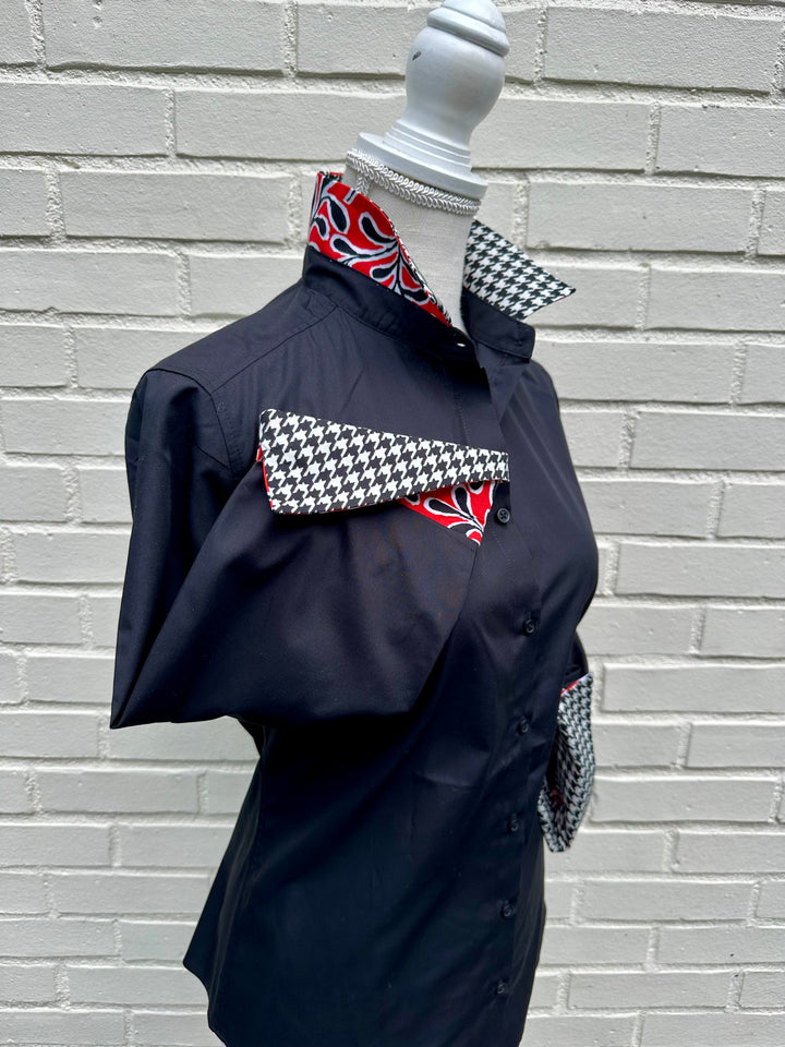 Elizabeth 3/4 Sleeve  - Black w Houndstooth & Red Floral (3427)