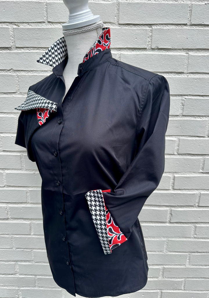 Elizabeth 3/4 Sleeve  - Black w Houndstooth & Red Floral (3427)