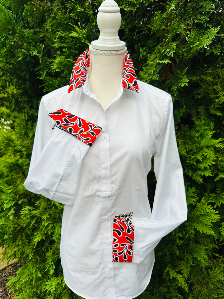 Diana French Cuff White w Red Floral & Houndstooth (DFC21)