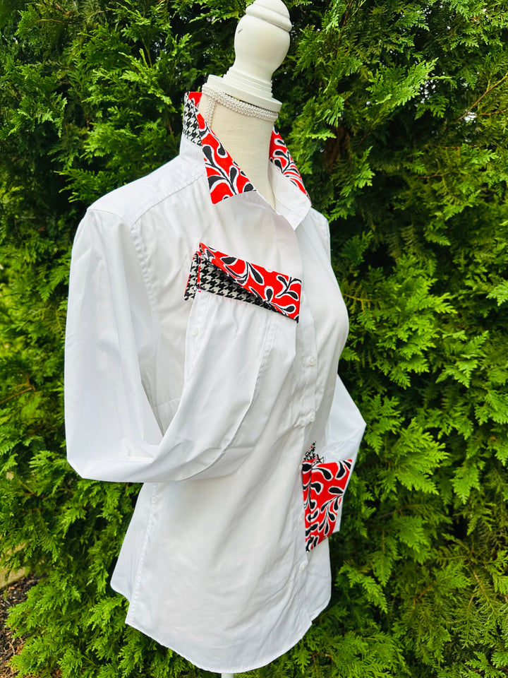 Diana French Cuff White w Red Floral & Houndstooth (DFC21)