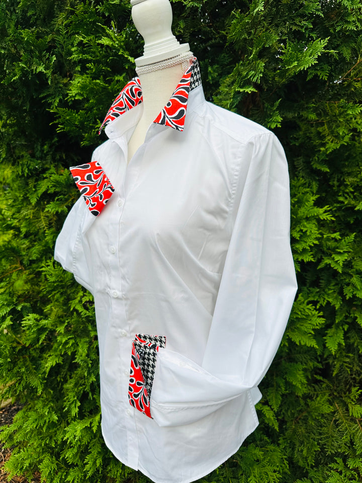 Diana French Cuff White w Red Floral & Houndstooth (DFC21)