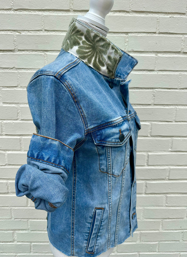 Stevie Denim Jacket - Denim w Moss Green Velvet Fern Fronds (ST13)