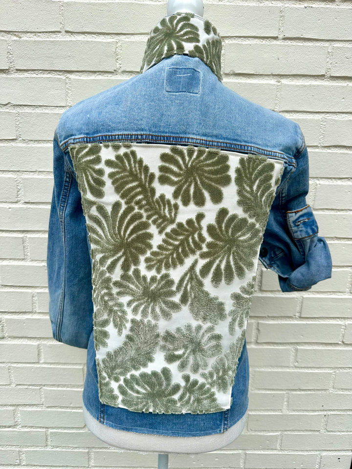 Stevie Denim Jacket - Denim w Moss Green Velvet Fern Fronds (ST13)