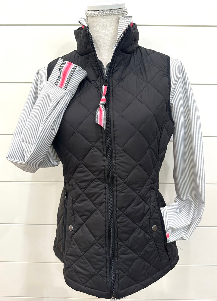 Maggie May Quilted Vest - Black w Black & Pink Stripe Ribbon (MMQ05)