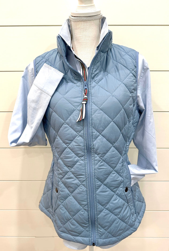 Maggie May Quilted Vest - Dusty Blue w Multi Color Stripe Ribbon (MMQ04)
