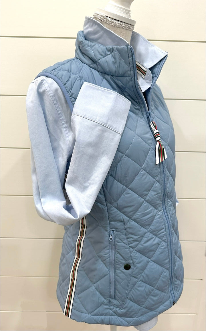 Maggie May Quilted Vest - Dusty Blue w Multi Color Stripe Ribbon (MMQ04)