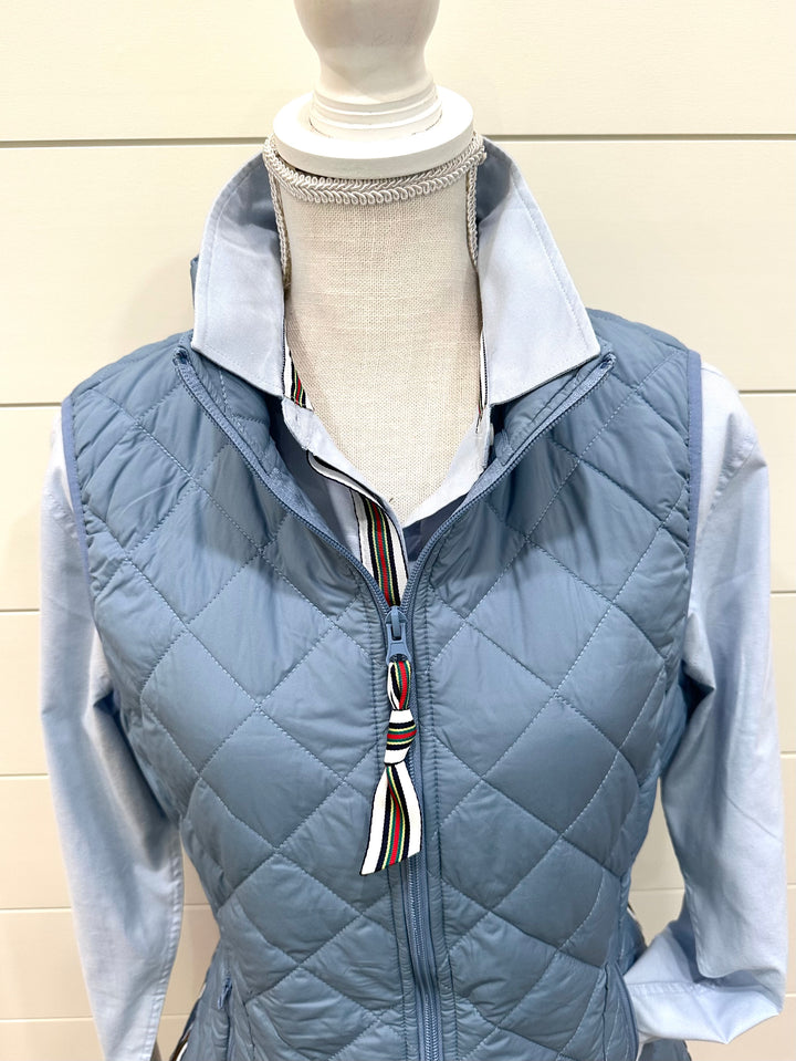 Maggie May Quilted Vest - Dusty Blue w Multi Color Stripe Ribbon (MMQ04)