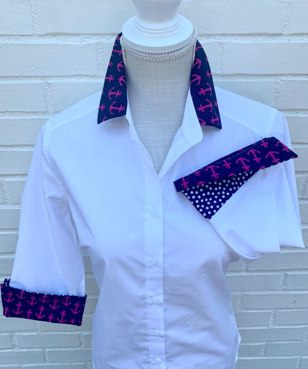 SALE - S, M ONLY - Elizabeth 3/4 Sleeve White w Pink Anchors & Dots (3424) *FINAL SALE*