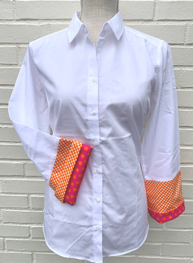 SALE - S ONLY - Annie Bell Sleeve Shirt - White w Orange Lattice & Orange Dot (Annie02) *FINAL SALE*