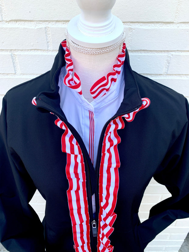 Kate Ruffled Ribbon Collar - White w Red & White Stripe Ribbon (KT04)