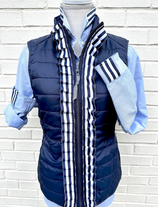 Maggie May Ruffled Ribbon Puffer Vest Navy w Navy & White Stripe (PF39)