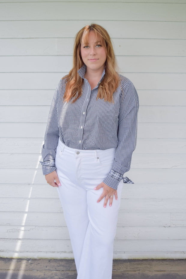 SALE - XS, S & XL ONLY - Audrey Black Gingham Ribbon French Cuff Shirt  (RFC24) *FINAL SALE*