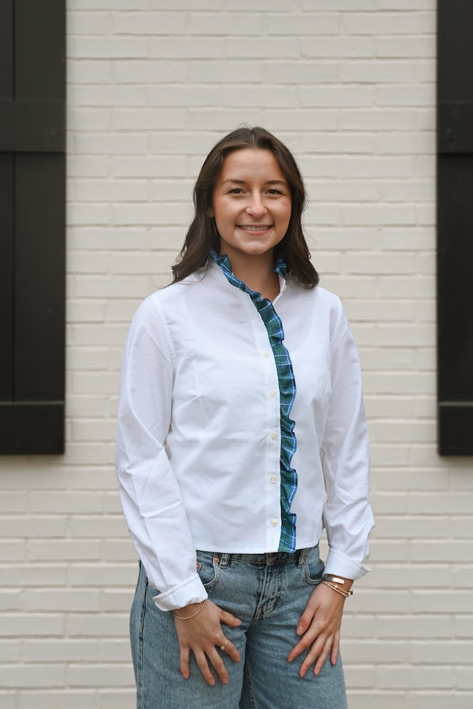 Sophia Ribbon Untucked Oxford - White w Blue & Green Plaid Ribbon (SPH04)