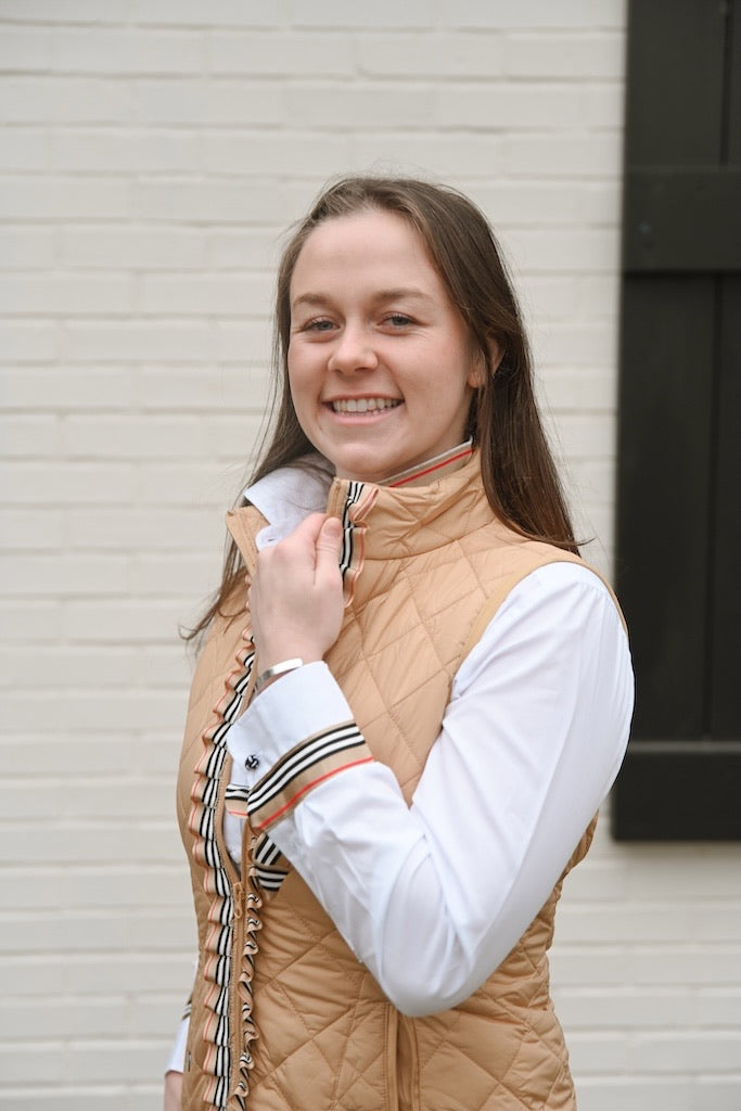Maggie May Quilted Ruffle Vest - Khaki w Black & Red Stripe Ribbon (MMQ09)