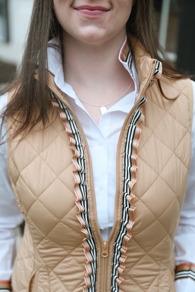 Maggie May Quilted Ruffle Vest - Khaki w Black & Red Stripe Ribbon (MMQ09)