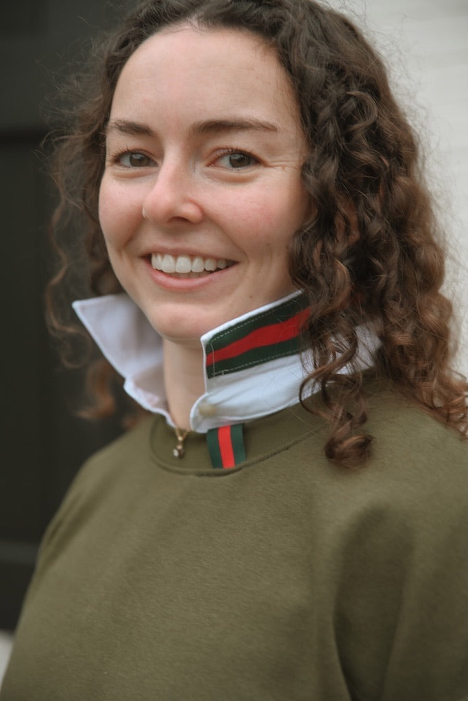 Danny Crew Neck Sweatshirt - Olive w Hunter & Red Stripe Ribbon (Danny15)