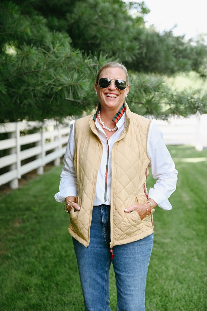 Maggie May Quilted Vest - Khaki w Green & Red Stripe Ribbon (MMQ02)