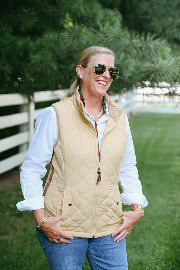 Maggie May Quilted Vest - Khaki w Green & Red Stripe Ribbon (MMQ02)