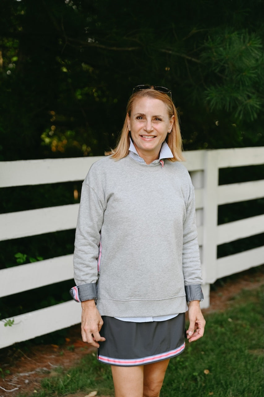 Danny Crew Neck Sweatshirt - Grey w Black, Coral & Pink Stripe Ribbon (Danny13)