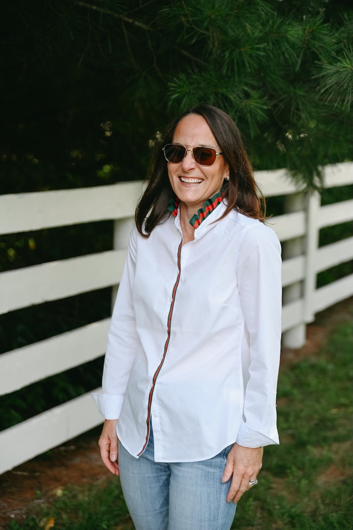 Kate Ruffled Ribbon Collar - White w Green & Red Stripe Ribbon (KT07)