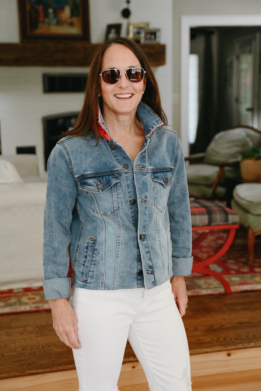 Stevie Denim Jacket - Denim w Orange & Turquoise Velvet Leopard (ST14)