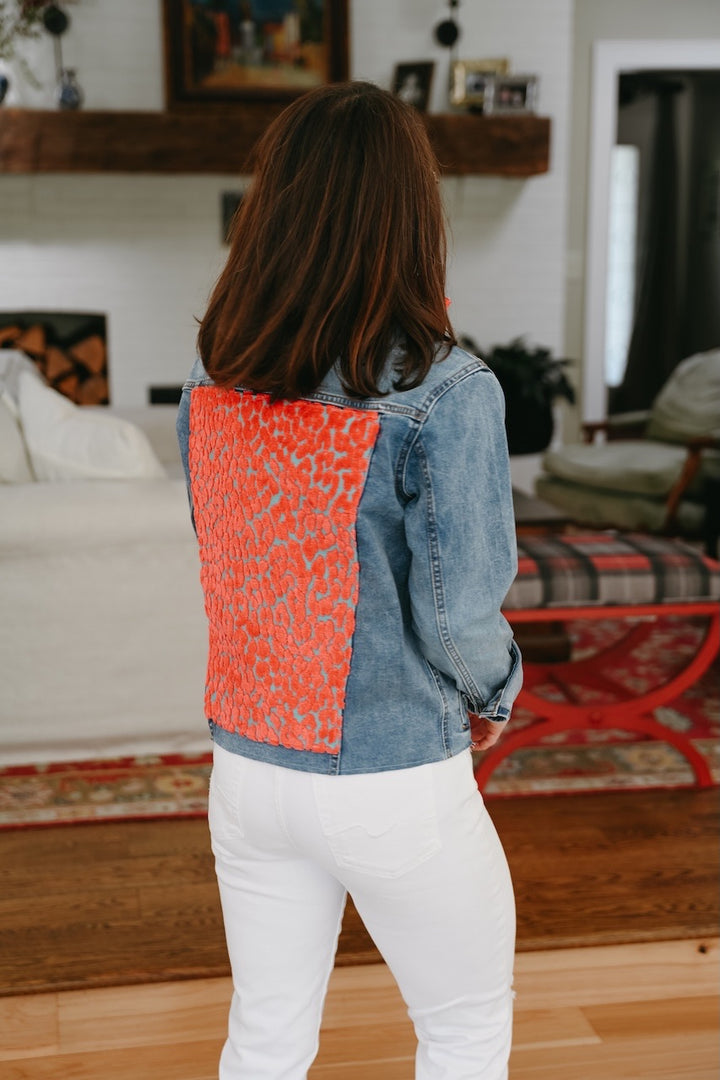 Stevie Denim Jacket - Denim w Orange & Turquoise Velvet Leopard (ST14)