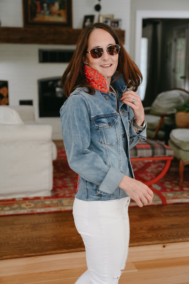 Stevie Denim Jacket - Denim w Orange & Turquoise Velvet Leopard (ST14)