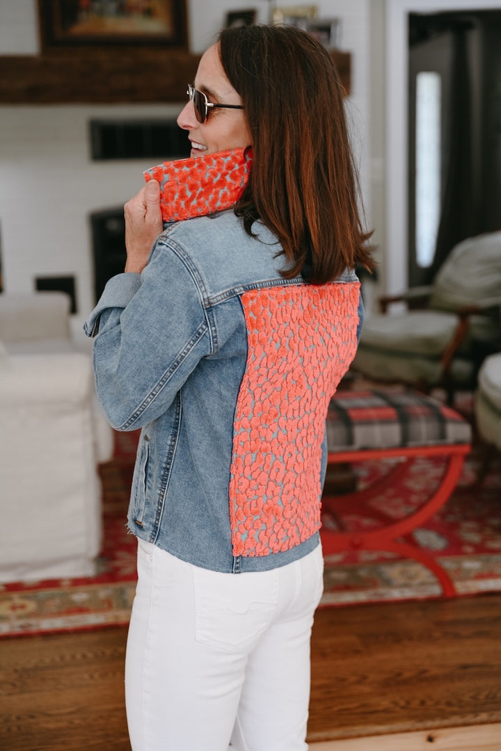 Stevie Denim Jacket - Denim w Orange & Turquoise Velvet Leopard (ST14)