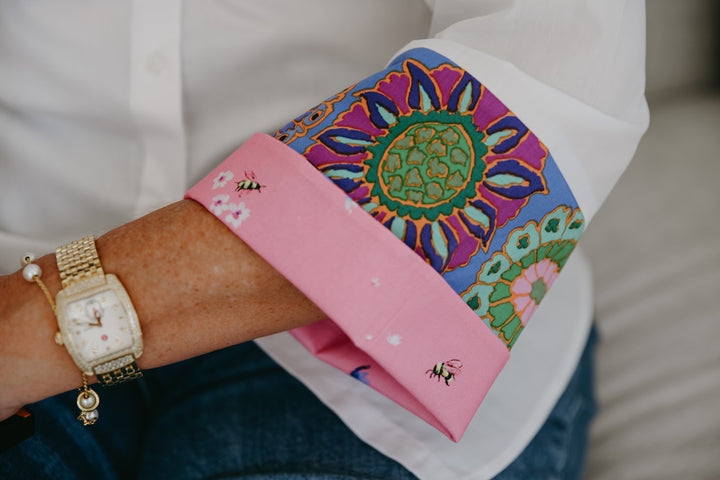 Beth Bell Sleeve - White w Funky Floral & Pink Bees (LB52)