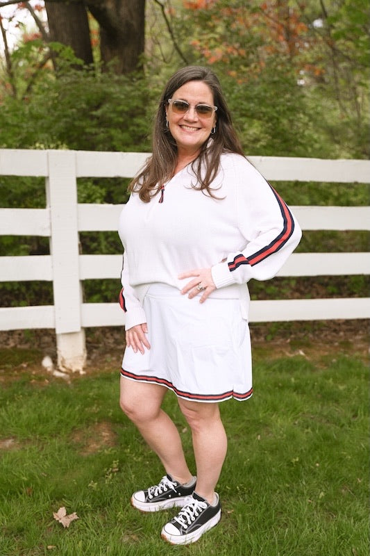 Rosanna 1/2 Zip Sweater - White w Navy & Red Stripe