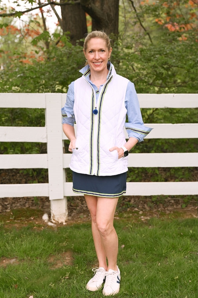 Eleanor Mini Gingham Check Blouse - Royal w Navy, Pink & Green Stripe Ribbon (E01)