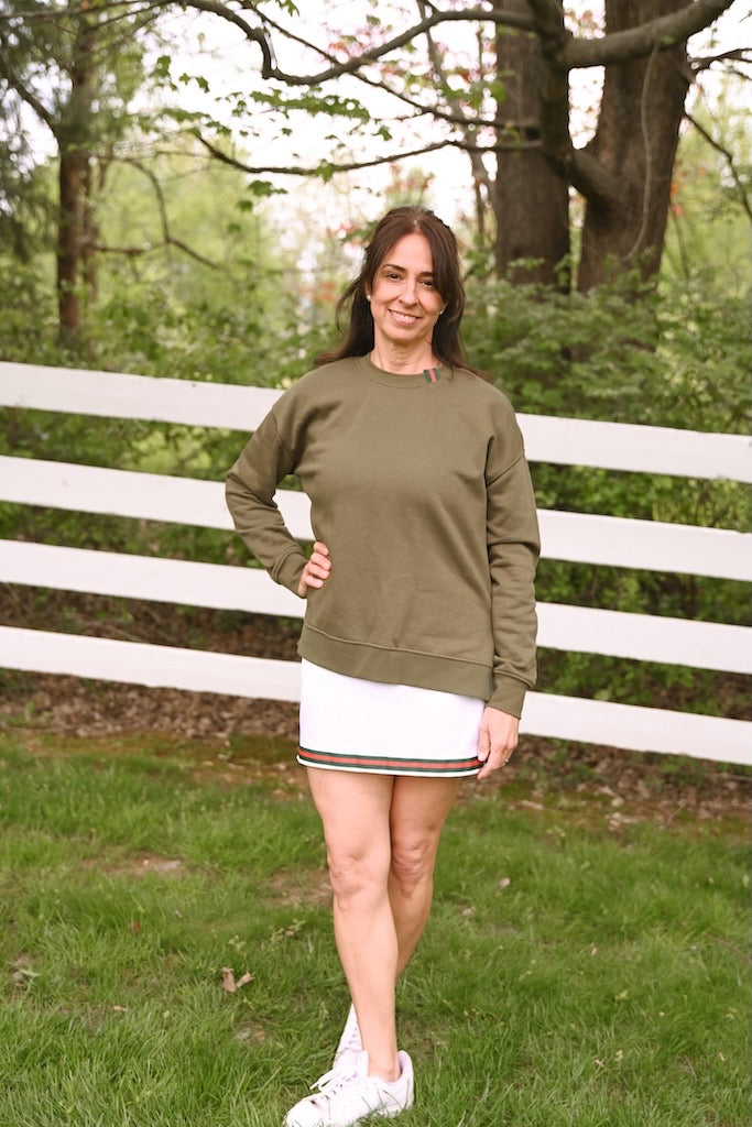 Danny Crew Neck Sweatshirt - Olive w Hunter & Red Stripe Ribbon (Danny15)