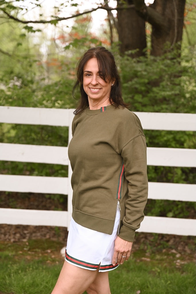 Danny Crew Neck Sweatshirt - Olive w Hunter & Red Stripe Ribbon (Danny15)