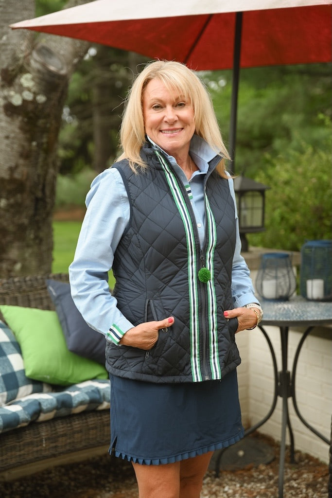 Maggie May Quilted Vest - Navy w Navy & Green Stripe Ribbon (MMQ16)