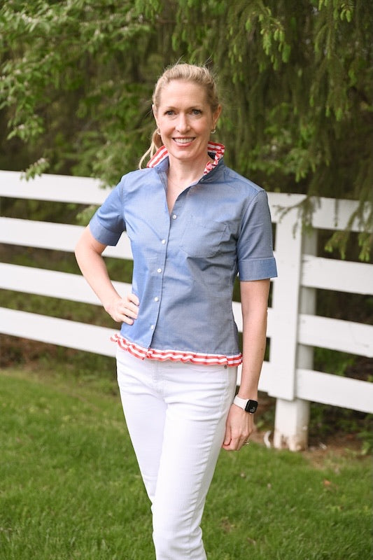 Ellie Short Sleeve Ruffle Oxford - Blue w Red & White Stripe Ribbon (EL05)