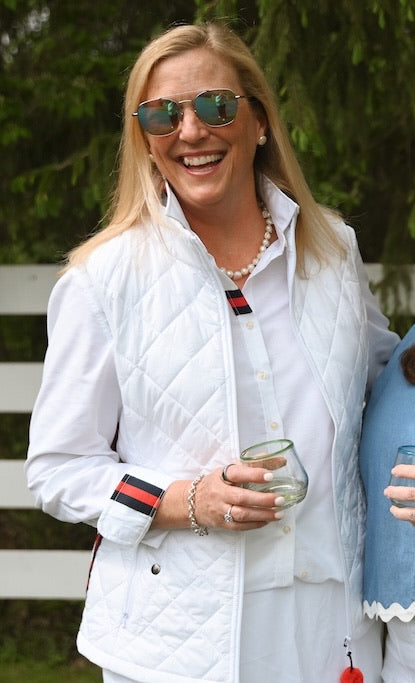 Maggie May Quilted Vest - White w Navy & Red Stripe Ribbon (MMQ03)